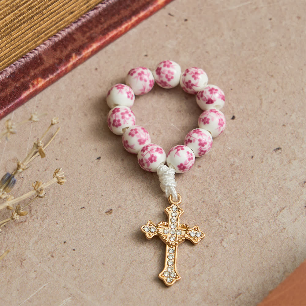 Christianartworkshop Pink Floral Ceramic Finger Rosary with Crystal Cross - image 2