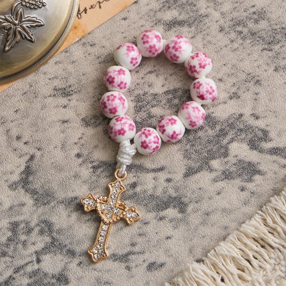Christianartworkshop Pink Floral Ceramic Finger Rosary with Crystal Cross - image 4