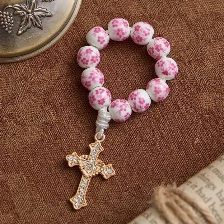 Christianartworkshop Pink Floral Ceramic Finger Rosary with Crystal Cross - image 5