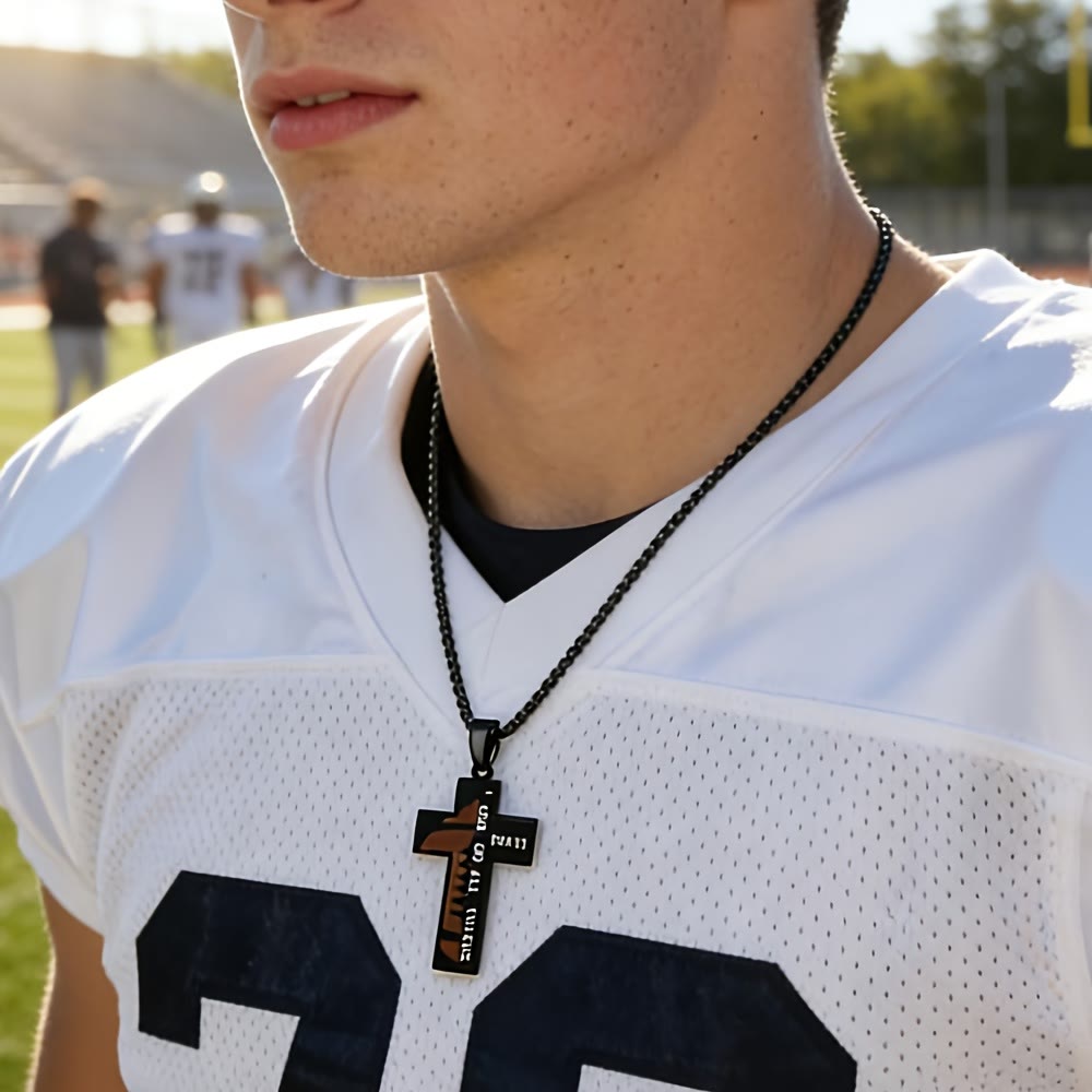 Christianartworkshop Timeless Football Cross Necklace with Scripture Engraving and Black & Silver Options - image 1