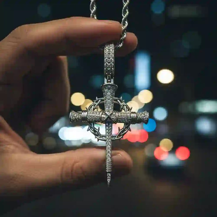 Christianartworkshop Pave Zircon Nail Cross Necklace with Crown of Thorns: A Reminder of Divine Love - Thorn Nail Cross A - image 0