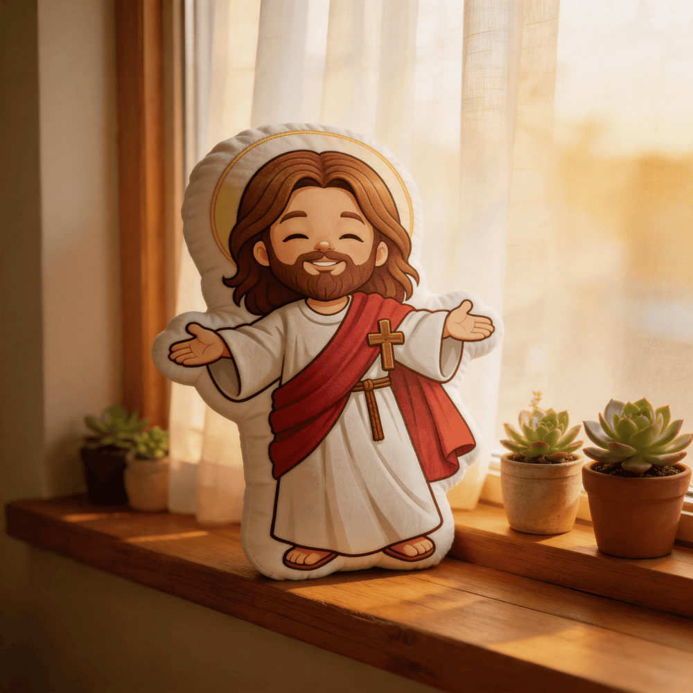 Christianartworkshop Cute Smiling Jesus with Open Arms and Halo Shaped Decorative Pillow - image 1