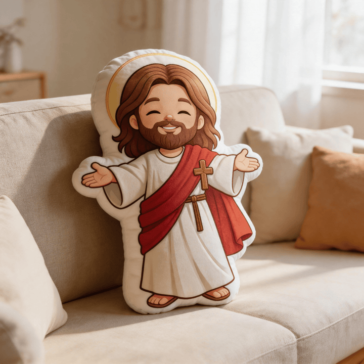 Christianartworkshop Cute Smiling Jesus with Open Arms and Halo Shaped Decorative Pillow - image 2