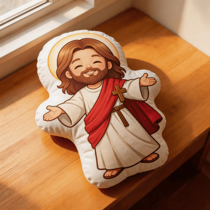 Christianartworkshop Cute Smiling Jesus with Open Arms and Halo Shaped Decorative Pillow - image 3