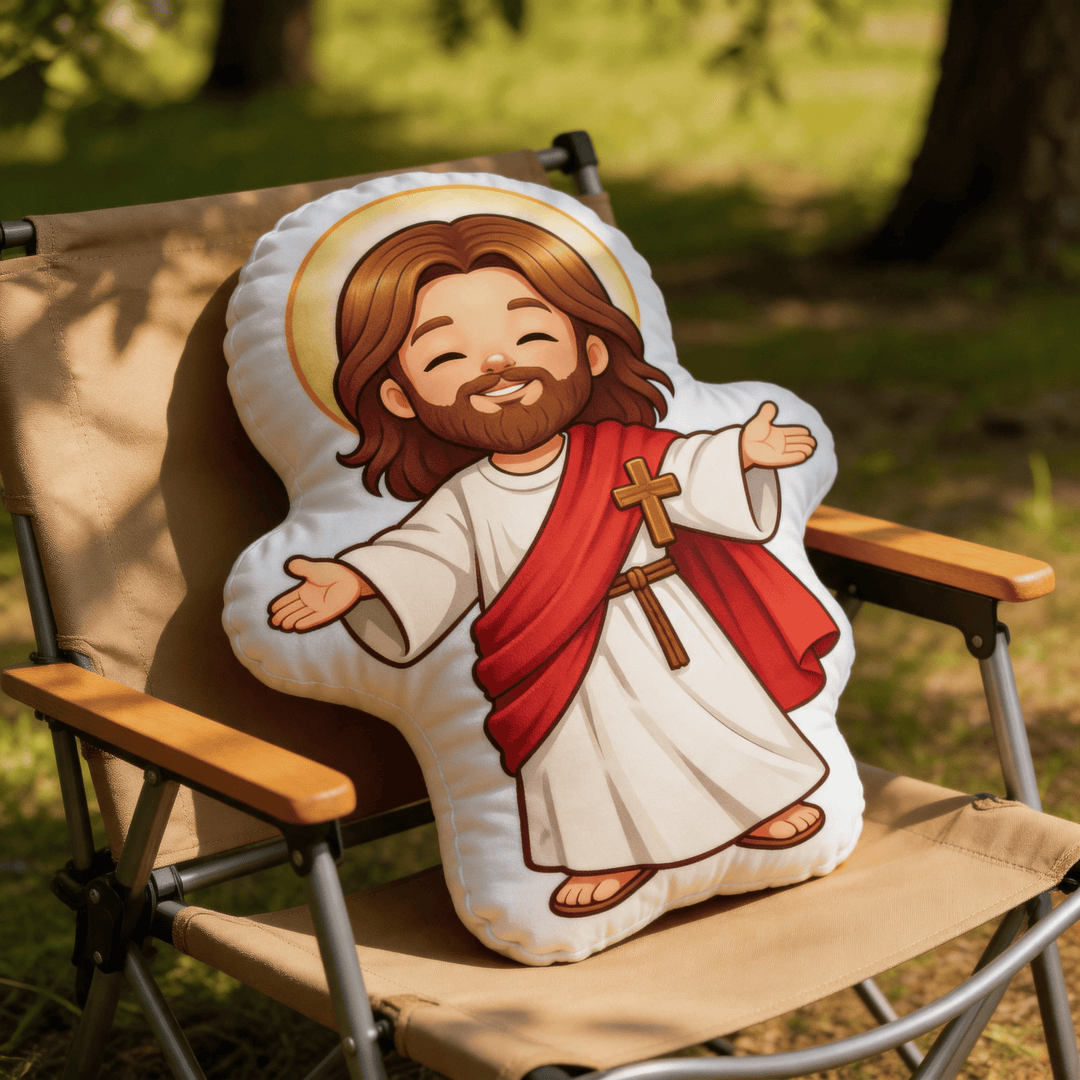 Christianartworkshop Cute Smiling Jesus with Open Arms and Halo Shaped Decorative Pillow - image 4