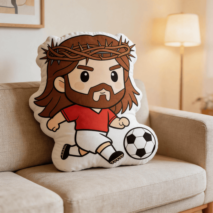 Christianartworkshop Cartoon Jesus Playing Soccer with Crown of Thorns Shaped Decorative Pillow - image 5
