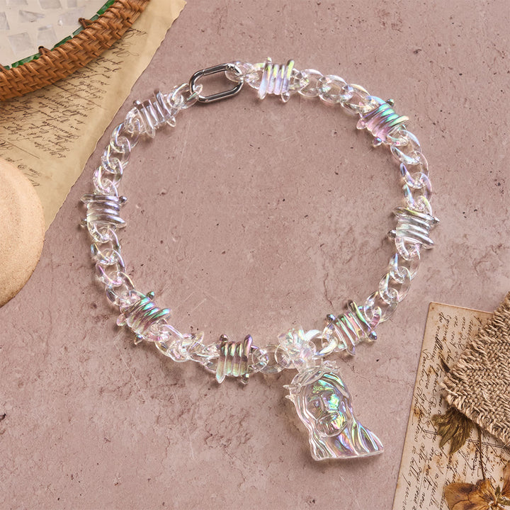 Christianartworkshop Bold Iridescent Acrylic Jesus Necklace with Chunky Spiked Chain: A Daily Symbol of Strength and Hope - Transparent - image 0