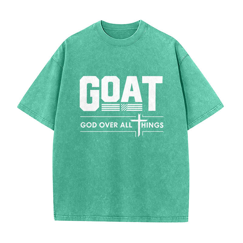 Christianartworkshop GOAT God Over All Things Faith Statement Washed Unisex T-Shirt - Green - 5XL - image 2