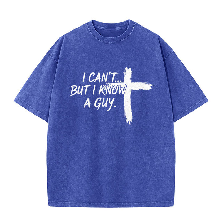 Christianartworkshop I Cant But I Know A Guy Funny Faith Quote With Brushstroke Cross Washed T-Shirt - Blue - 5XL - image 7