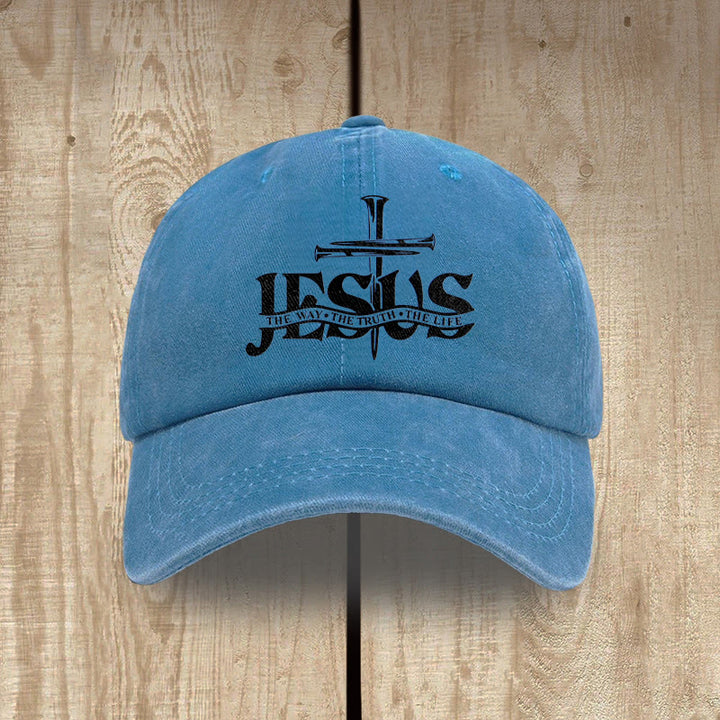 Christianartworkshop Jesus The Way The Truth The Life Nails Cross Embroidered Washed Baseball Cap - Blue - image 8