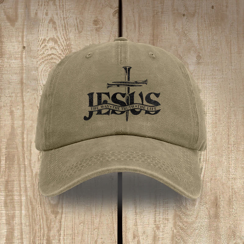 Christianartworkshop Jesus The Way The Truth The Life Nails Cross Washed Baseball Cap - Khaki - image 15