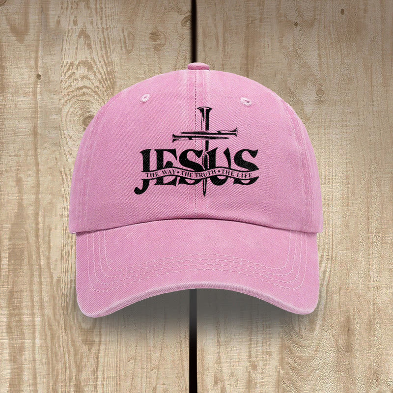 Christianartworkshop Jesus The Way The Truth The Life Nails Cross Embroidered Washed Baseball Cap - Pink - image 6