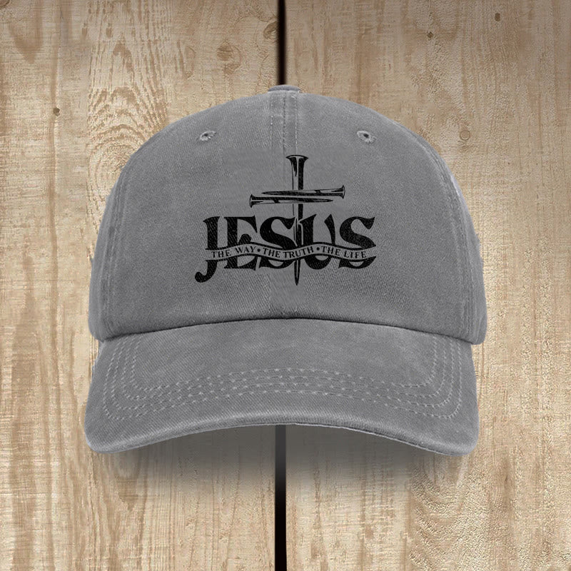 Christianartworkshop Jesus The Way The Truth The Life Nails Cross Embroidered Washed Baseball Cap - Gray - image 10