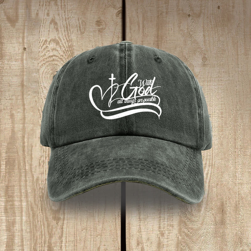 Christianartworkshop With God All Things Are Possible Heart Cross Script Washed Baseball Cap - Army Green - image 14