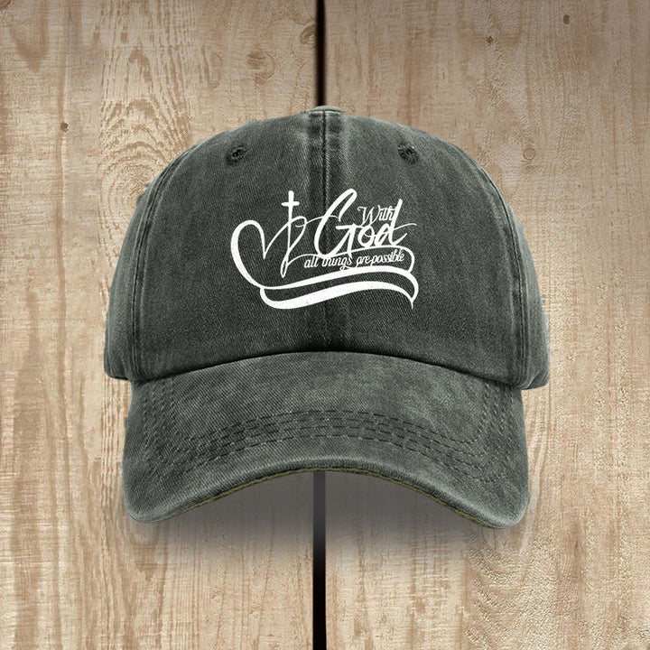 Christianartworkshop With God All Things Are Possible Heart Cross Script Washed Baseball Cap - Army Green - image 14
