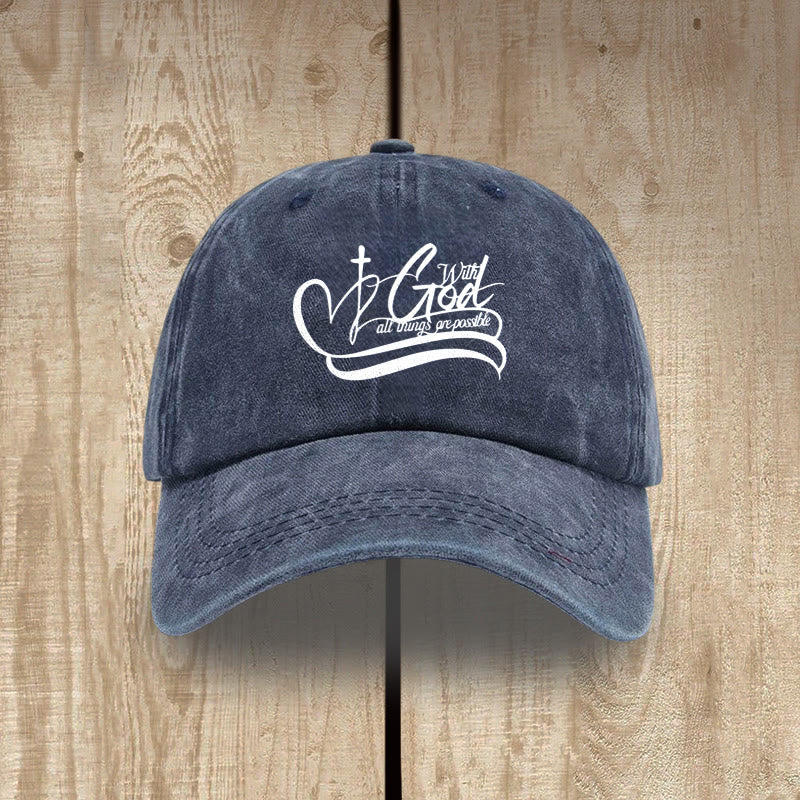Christianartworkshop With God All Things Are Possible Heart Cross Script Washed Baseball Cap - Navy Blue - image 6