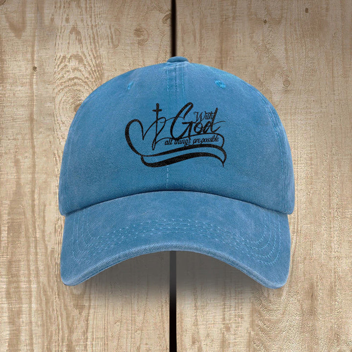 Christianartworkshop With God All Things Are Possible Heart Cross Script Washed Baseball Cap - Blue - image 9
