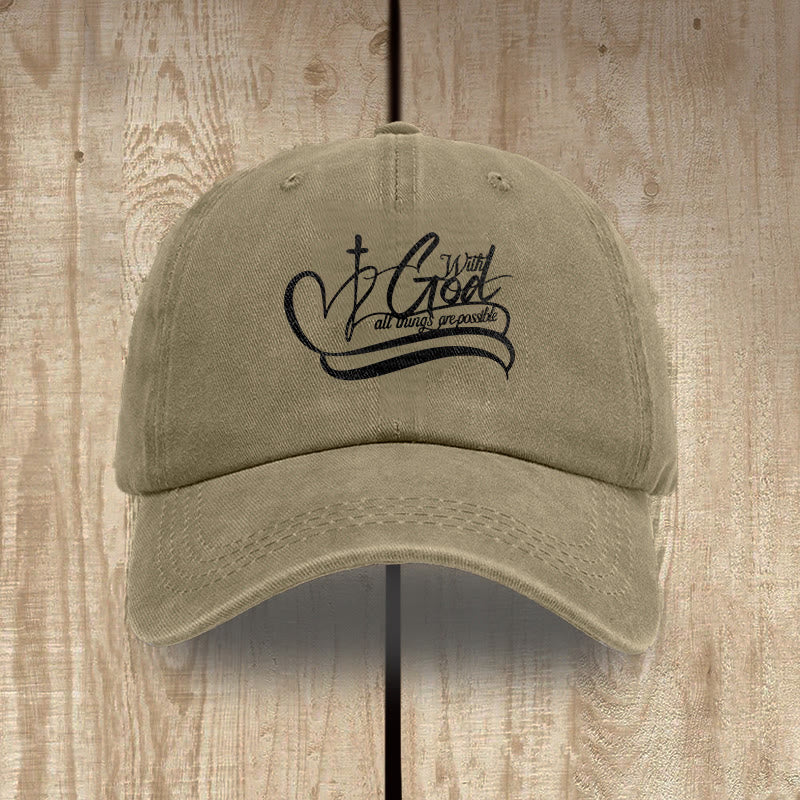 Christianartworkshop With God All Things Are Possible Heart Cross Script Washed Baseball Cap - Khaki - image 16