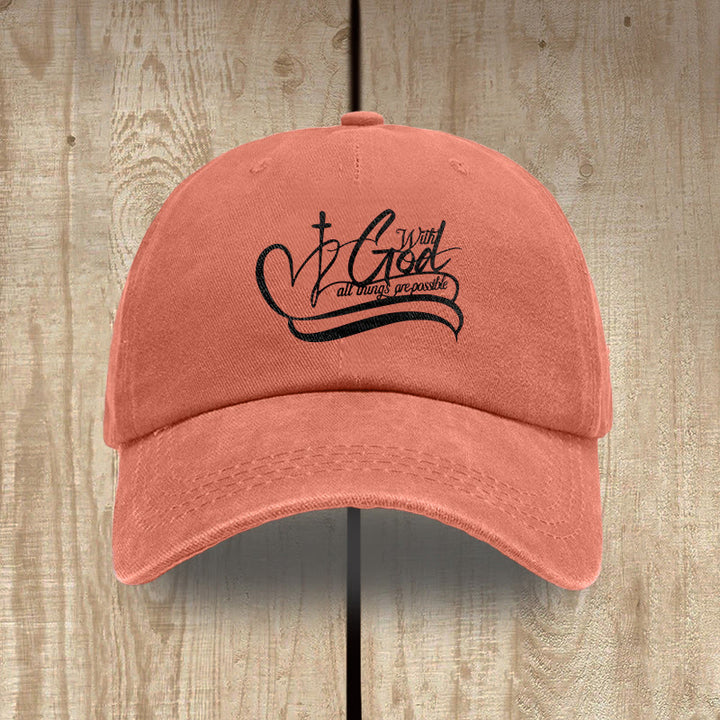 Christianartworkshop With God All Things Are Possible Heart Cross Script Washed Baseball Cap - Orange - image 13