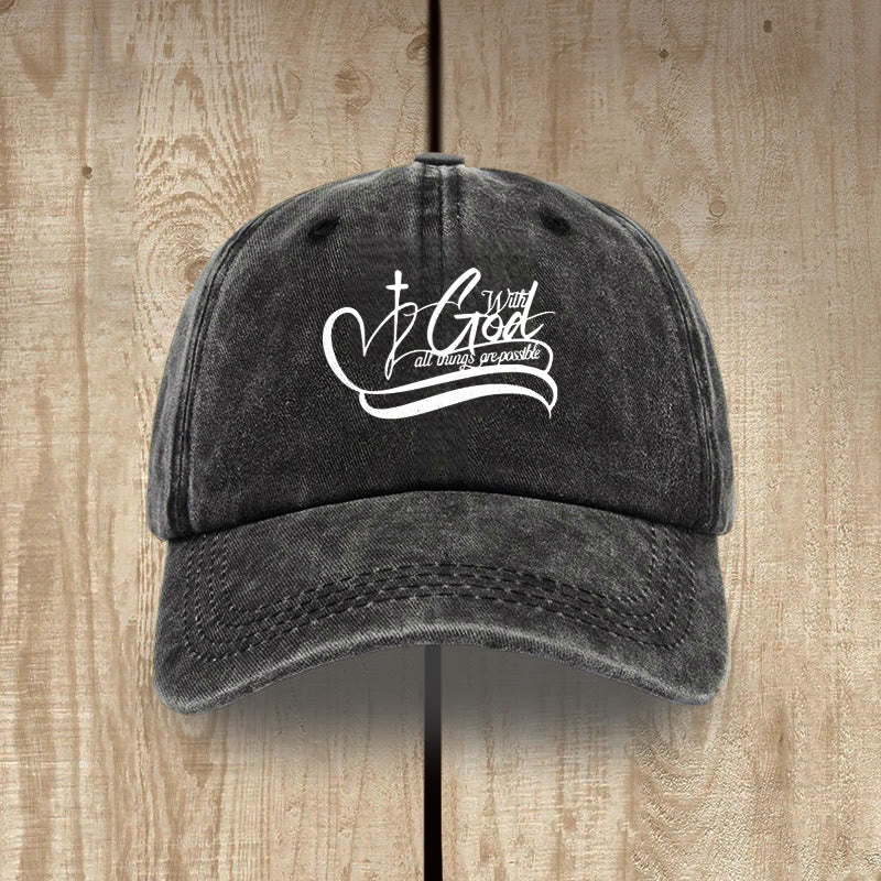 Christianartworkshop With God All Things Are Possible Heart Cross Script Washed Baseball Cap - Black - image 1
