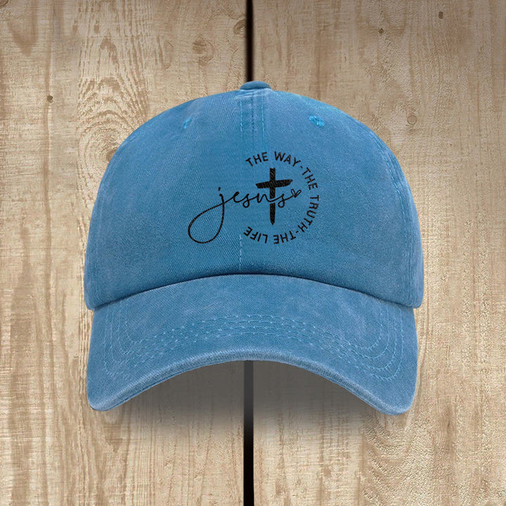 Christianartworkshop Jesus The Way The Truth The Life Cross Circle Script Washed Baseball Cap - Blue - image 8