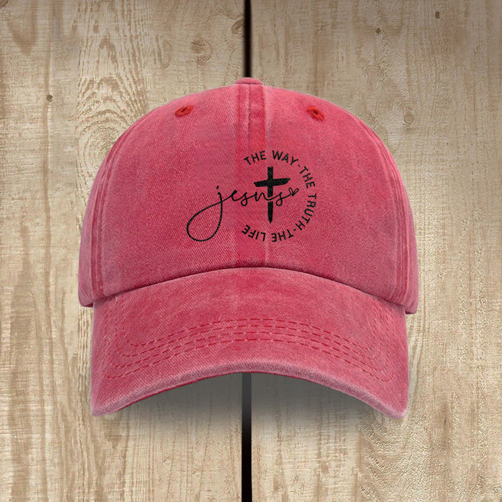 Christianartworkshop Jesus The Way The Truth The Life Cross Circle Script Washed Baseball Cap - Red - image 7