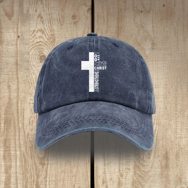 Christianartworkshop I Can Do All Things Through Christ Cross Shaped Scripture Washed Baseball Cap - Navy Blue - image 5