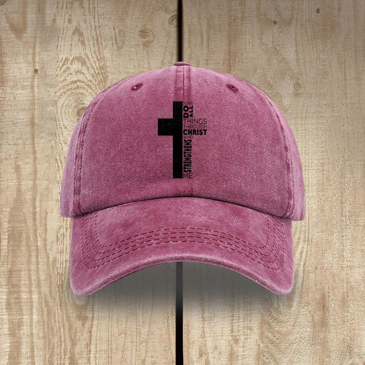 Christianartworkshop I Can Do All Things Through Christ Cross Shaped Scripture Washed Baseball Cap - Wine Red - image 11