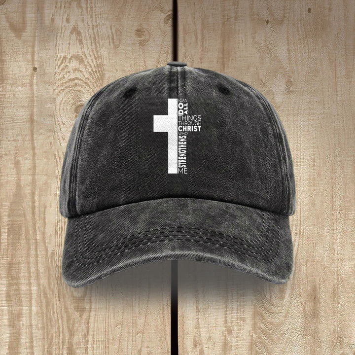 Christianartworkshop I Can Do All Things Through Christ Cross Shaped Scripture Washed Baseball Cap - Black - image 0