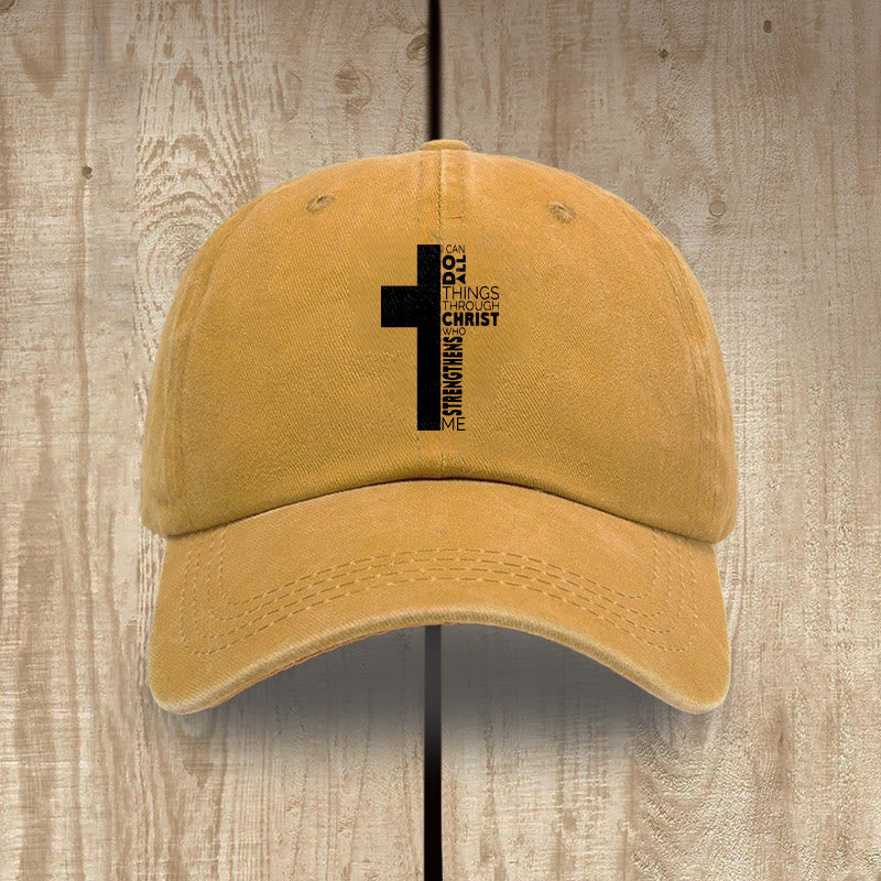 Christianartworkshop I Can Do All Things Through Christ Cross Shaped Scripture Washed Baseball Cap - Yellow - image 9
