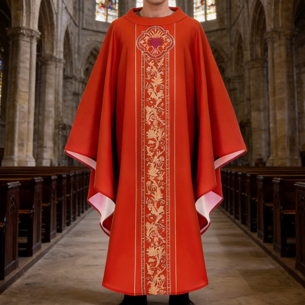 Christianartworkshop Chasuble With Sacred Heart Crest And Floral Vine Embroidery Chasuble - Red - One Size FIts Most - image 3