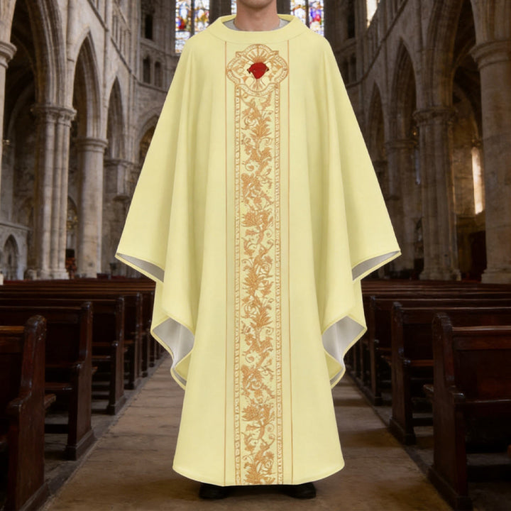 Christianartworkshop Chasuble With Sacred Heart Crest And Floral Vine Embroidery Chasuble - Yellow - One Size FIts Most - image 6
