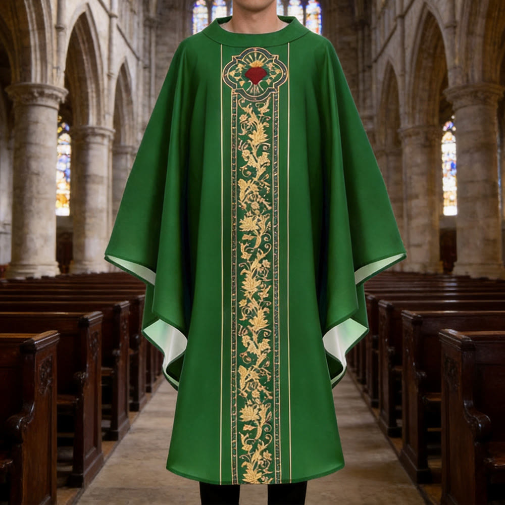 Christianartworkshop Chasuble With Sacred Heart Crest And Floral Vine Embroidery Chasuble - Green - One Size FIts Most - image 0