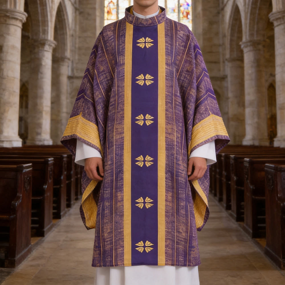 Christianartworkshop Traditional Clergy Chasuble With Central Panel And Floral Motifs Chasuble - Purple - One Size FIts Most - image 0