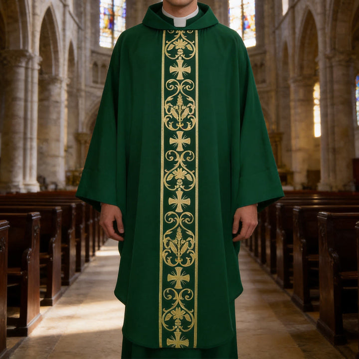 Christianartworkshop Elegant Chasuble With Central Cross, Floral Vine And Wheat Embroidery Chasuble - Green - One Size FIts Most - image 6