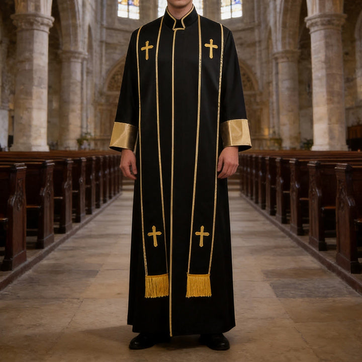 Christianartworkshop Traditional Pastor Robe With Vertical Cross Accents And Sleeve Trim Clergy Robe - Black - 3XL - image 6