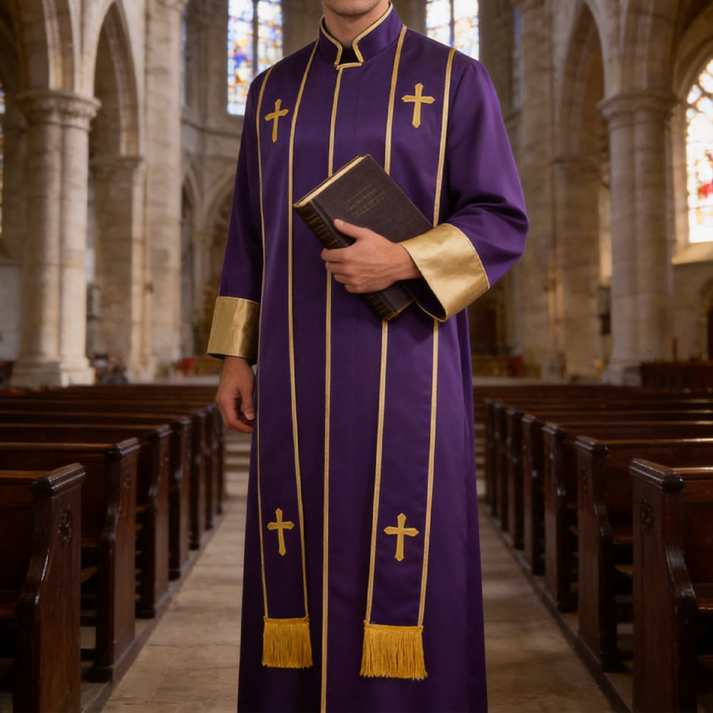 Christianartworkshop Traditional Pastor Robe With Vertical Cross Accents And Sleeve Trim Clergy Robe - Purple - 3XL - image 18