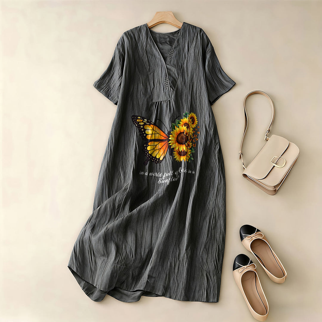 Christianartworkshop Butterfly & Sunflower Inspirational Quote V-Neck Short Sleeve Midi Dress - image 1