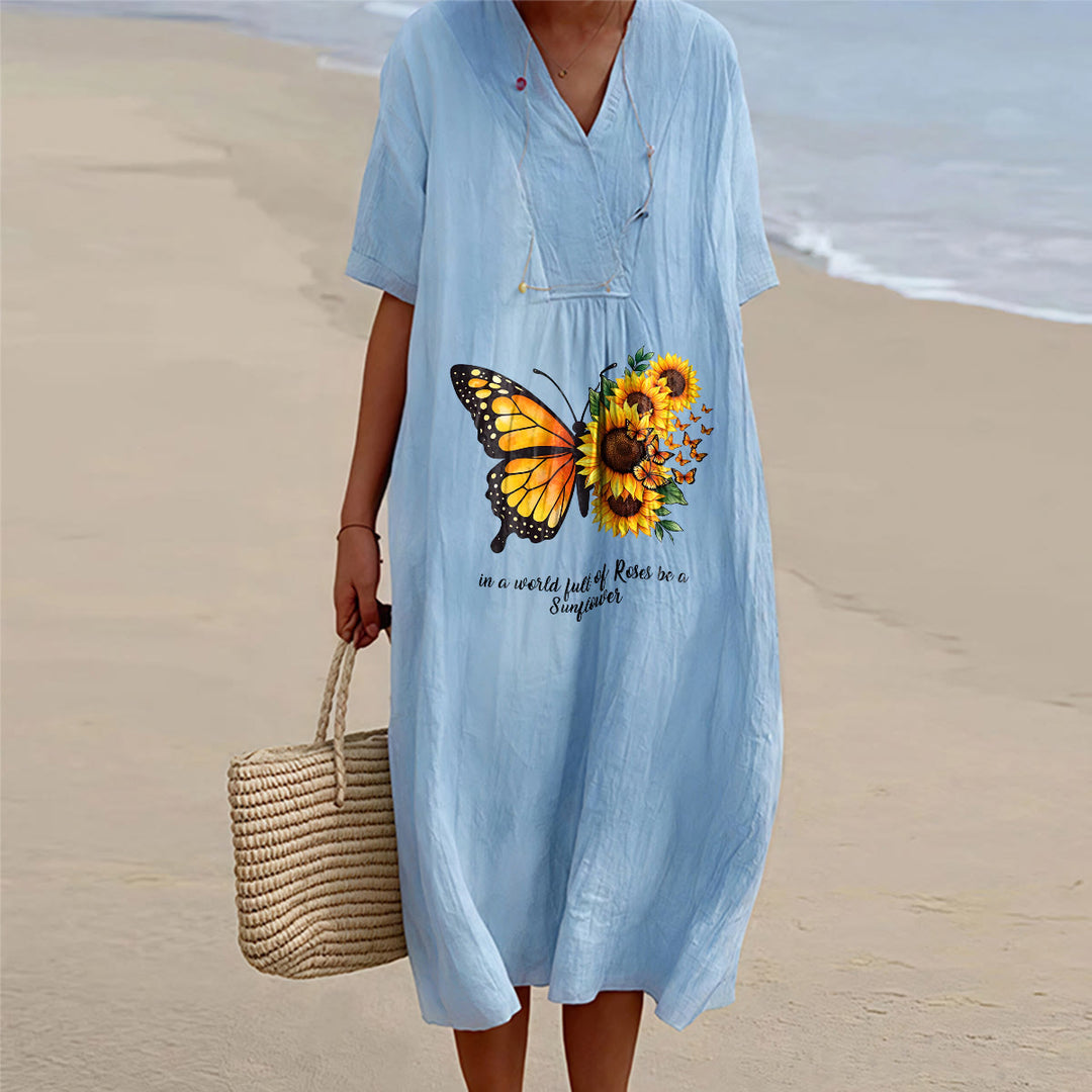Christianartworkshop Butterfly & Sunflower Inspirational Quote V-Neck Short Sleeve Midi Dress - Blue - 4XL - image 2