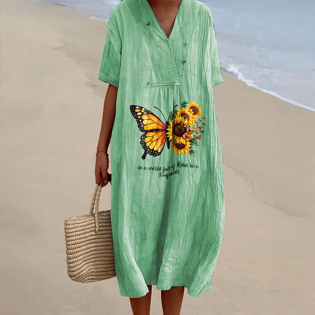 Christianartworkshop Butterfly & Sunflower Inspirational Quote V-Neck Short Sleeve Midi Dress - Green - 4XL - image 4