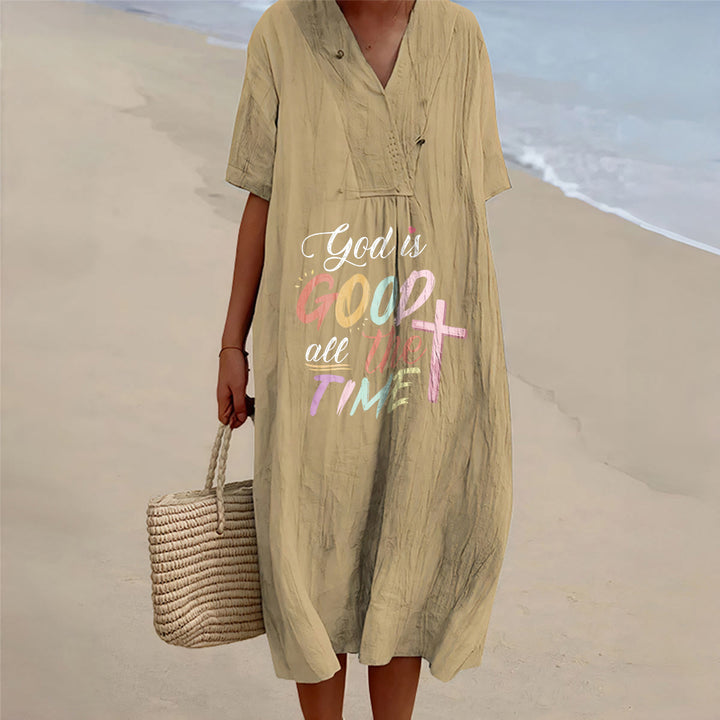 Christianartworkshop Faith-Inspired "God Is Good All The Time" V-Neck Short Sleeve Midi DressChristianartworkshop Faith-Inspired "God Is Good All The Time" V-Neck Short Sleeve Midi Dress - Khaki - 4XL - image 0