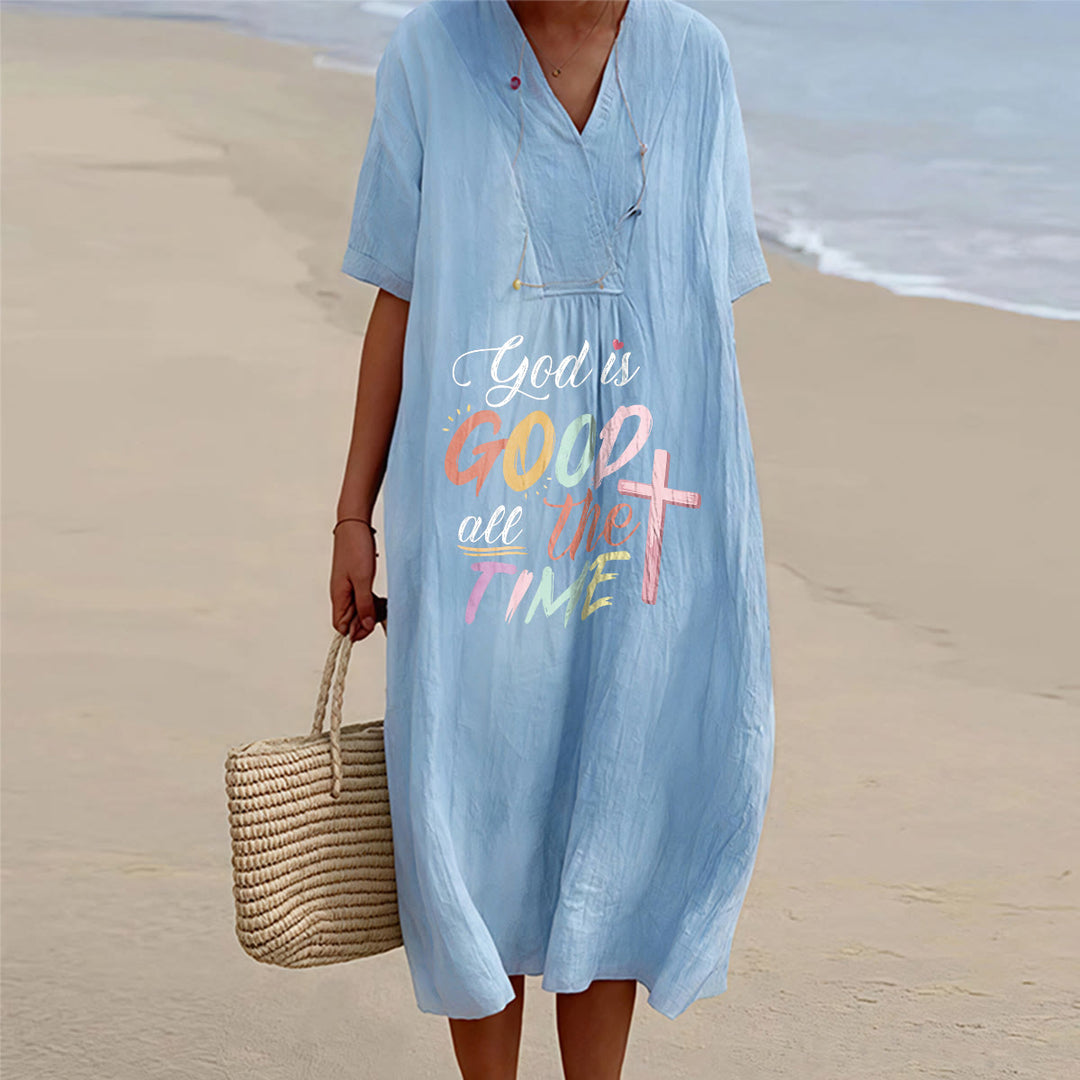 Christianartworkshop Faith-Inspired "God Is Good All The Time" V-Neck Short Sleeve Midi DressChristianartworkshop Faith-Inspired "God Is Good All The Time" V-Neck Short Sleeve Midi Dress - Blue - 4XL - image 4