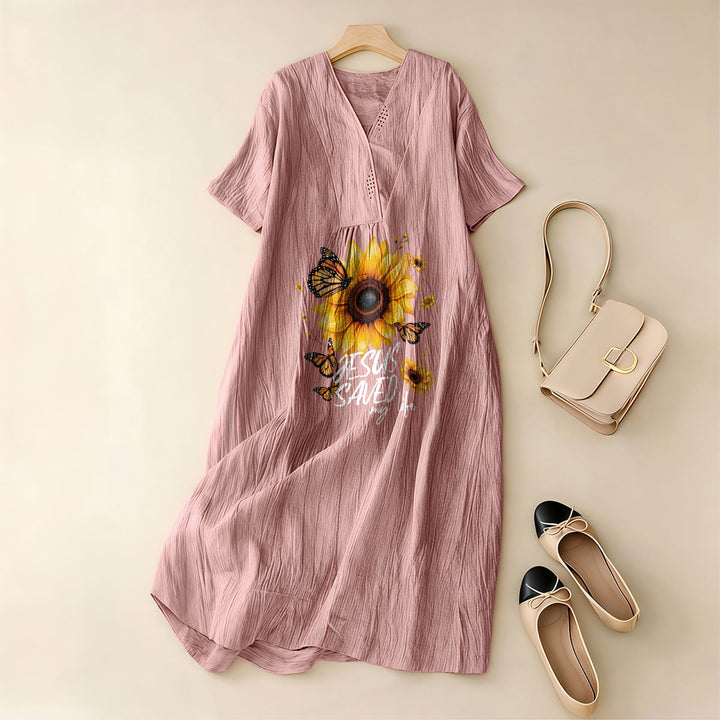 Christianartworkshop "Jesus Saved My Life" Sunflower & Butterfly V-Neck Short Sleeve Midi Dress - image 11