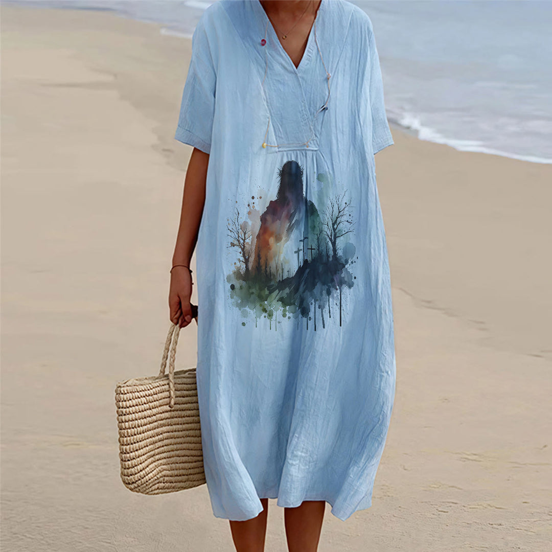 Christianartworkshop Religious Art Watercolor Jesus Silhouette V-Neck Short Sleeve Midi Dress - Blue - 4XL - image 0