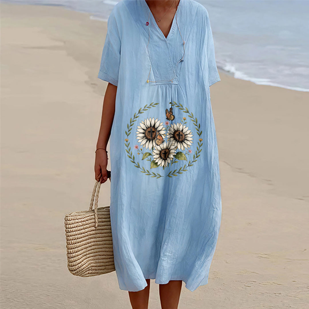 Christianartworkshop Devotional Sunflower Cross & Butterfly Wreath V-Neck Short Sleeve Midi Dress - Blue - 4XL - image 2