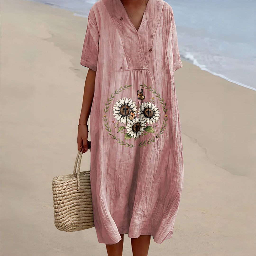 Christianartworkshop Devotional Sunflower Cross & Butterfly Wreath V-Neck Short Sleeve Midi Dress - Pink - 4XL - image 8