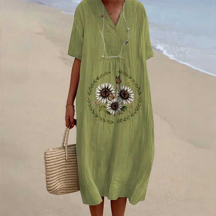 Christianartworkshop Devotional Sunflower Cross & Butterfly Wreath V-Neck Short Sleeve Midi Dress - Olive Green - 4XL - image 10