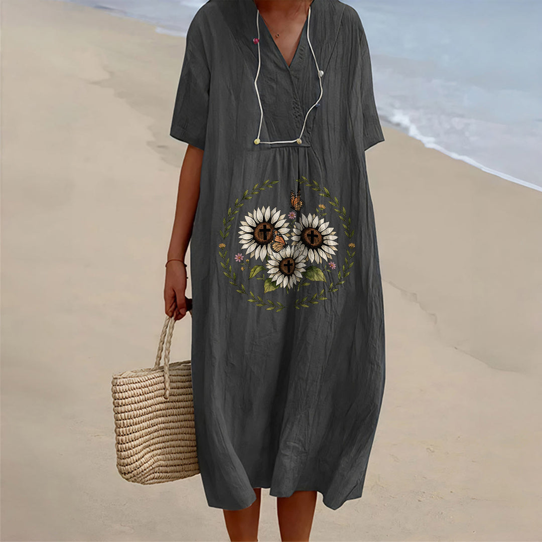 Christianartworkshop Devotional Sunflower Cross & Butterfly Wreath V-Neck Short Sleeve Midi Dress - Black - 4XL - image 4