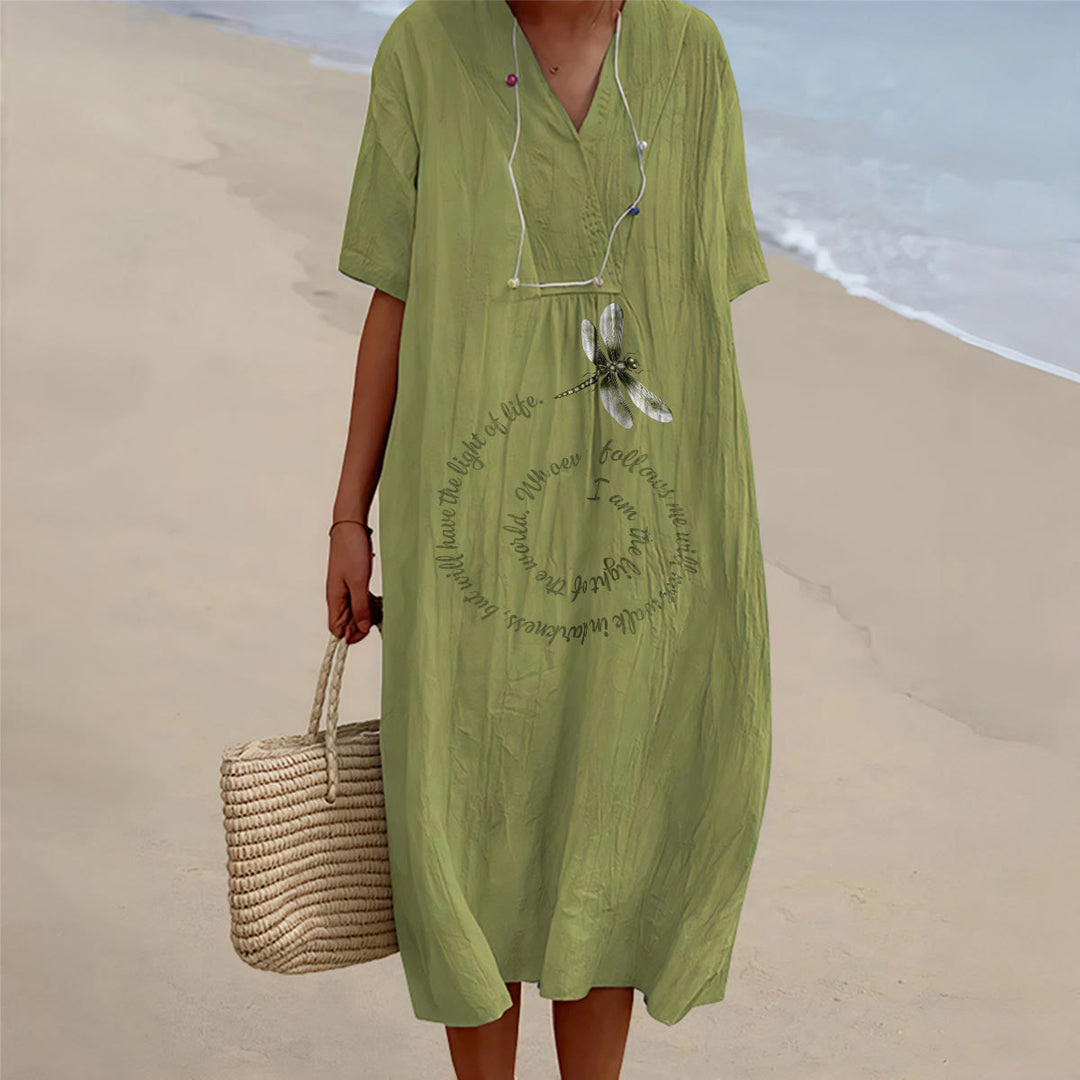 Christianartworkshop Relaxed Fit Dragonfly & Inspirational Verse V-Neck Short Sleeve Midi Dress - Olive Green - 4XL - image 10