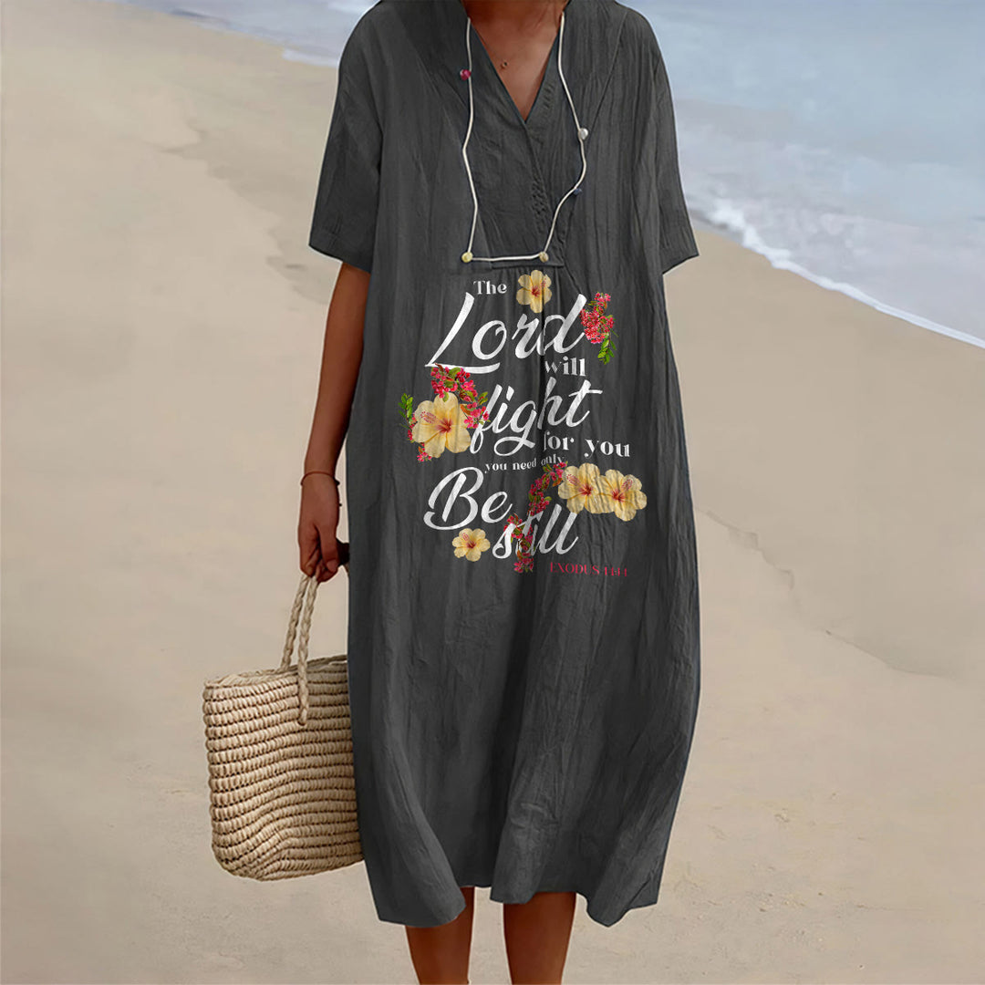 Christianartworkshop Hibiscus Floral Accent "The Lord Will Fight For You" V-Neck Short Sleeve Midi Dress - Black - 4XL - image 4
